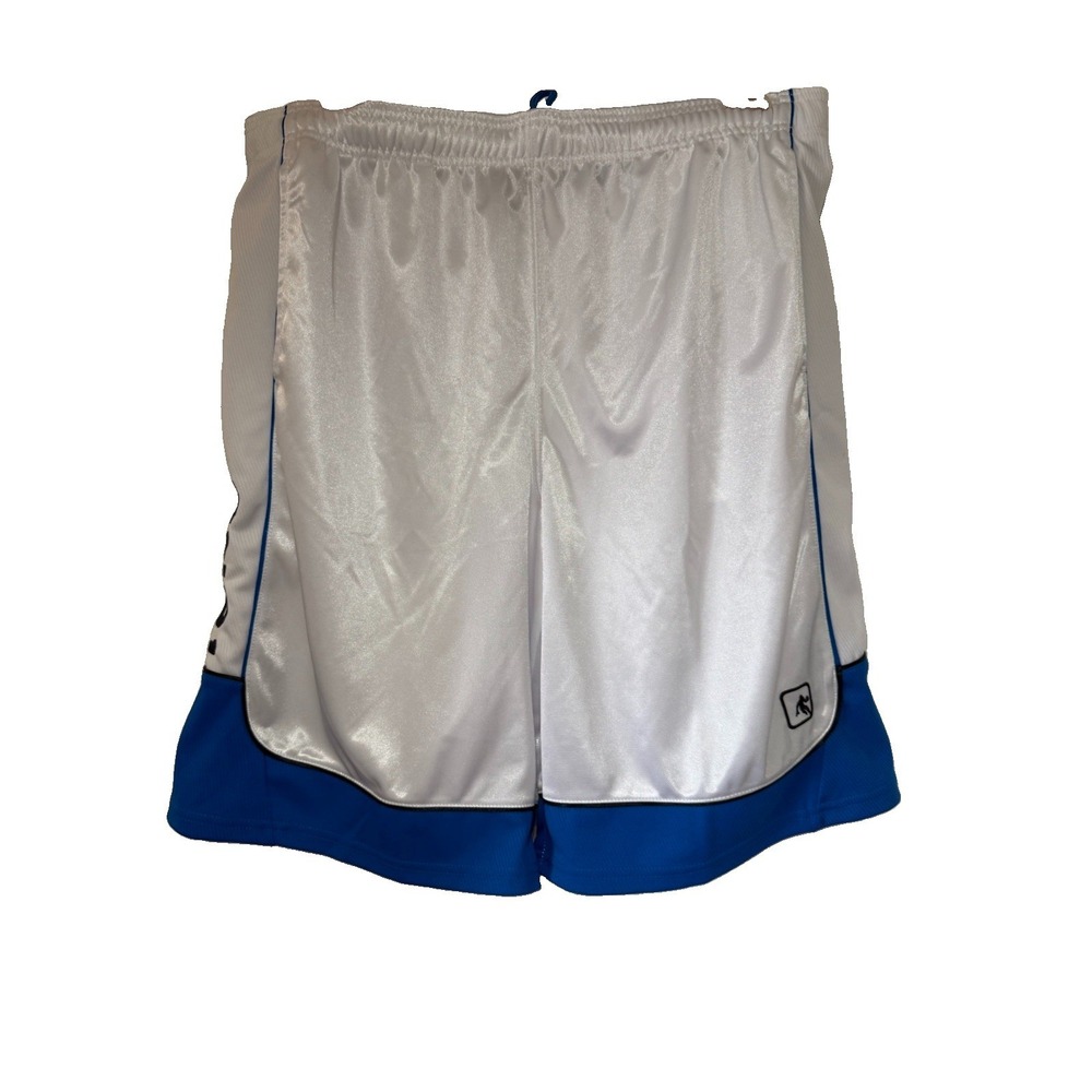 AND1 Mens White Royal Blue All Court Basketball Shorts Dazzle Spellout Side Logo